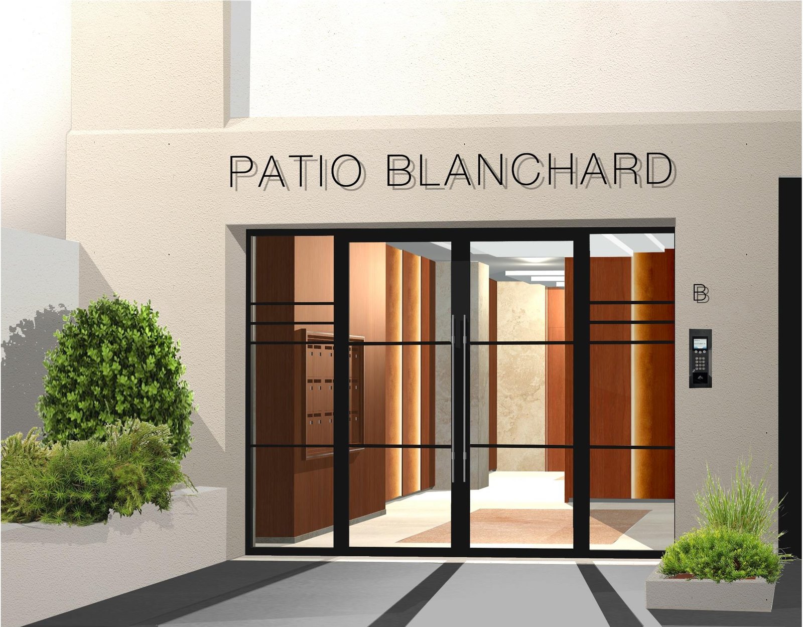 Entrée du bâtiment B du Patio Blanchard, Rue des Prés, porte vitrée et massifs plantés