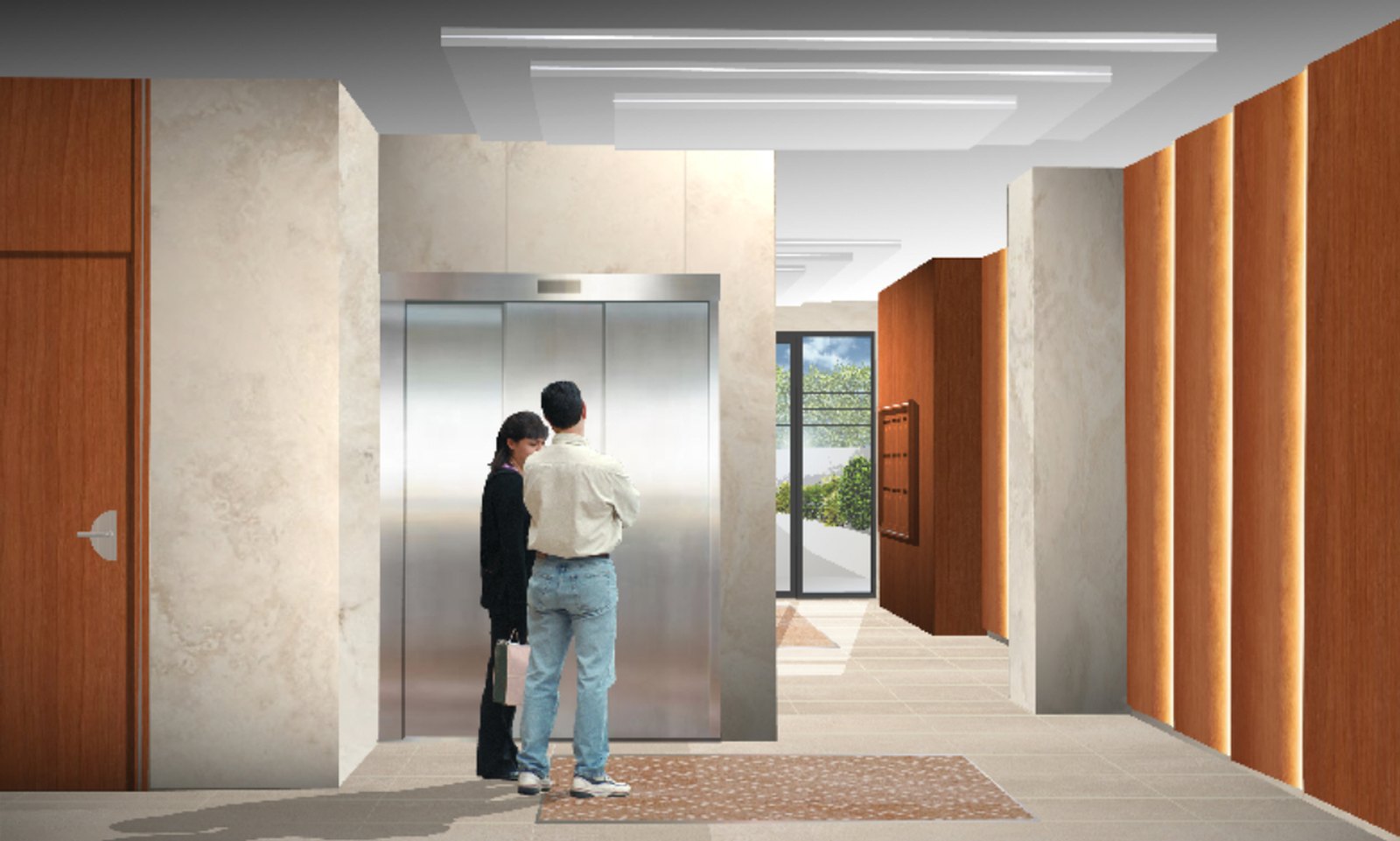 Ascenseur du hall, avec la vue traversante vers le patio