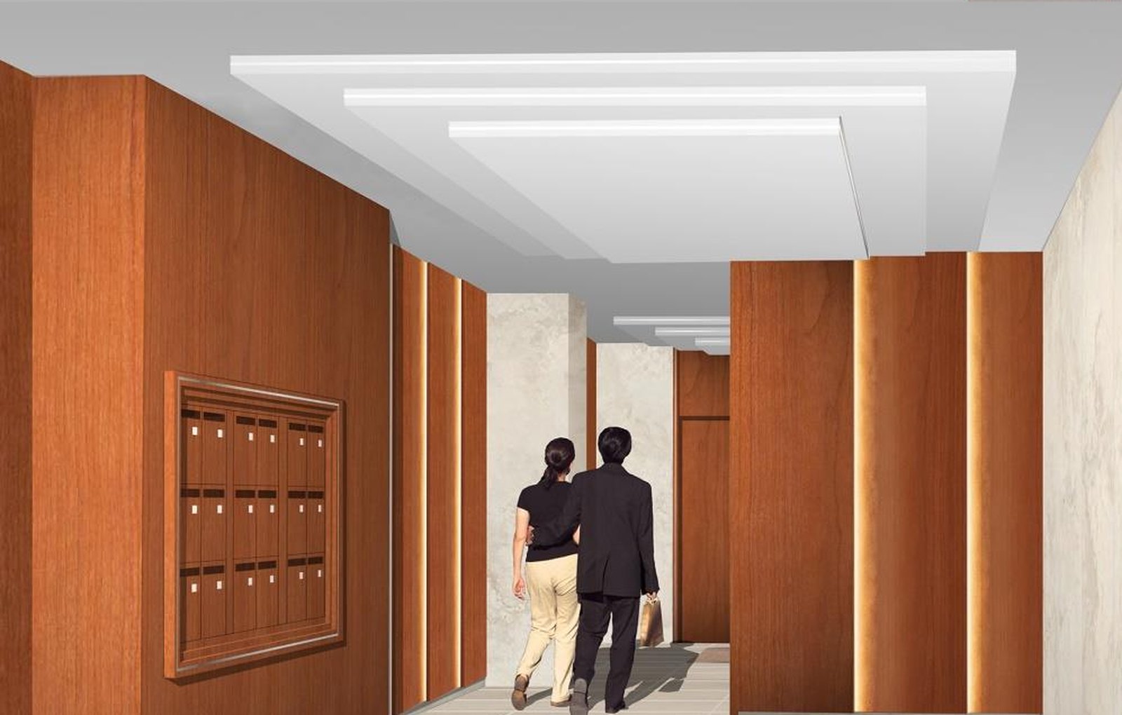 Couloir du hall B, panneaux bois merisier, éclairage linéaire et boîtes aux lettres