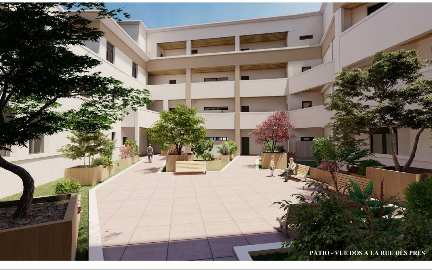 Le patio intérieur paysager de la résidence, côté Rue des Prés