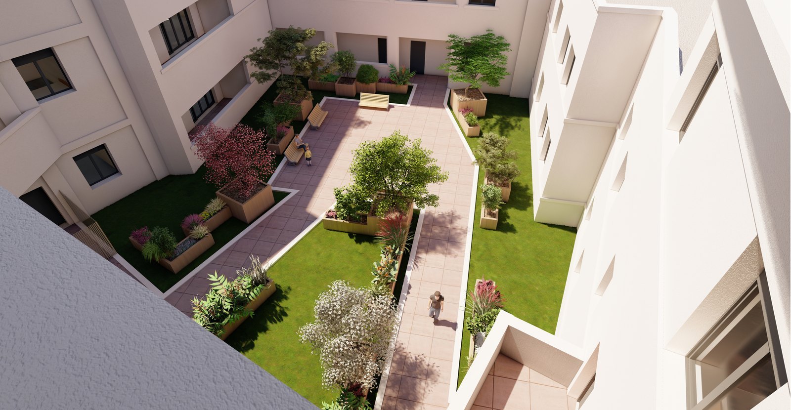 Le patio et ses jardins vus depuis les étages de la résidence